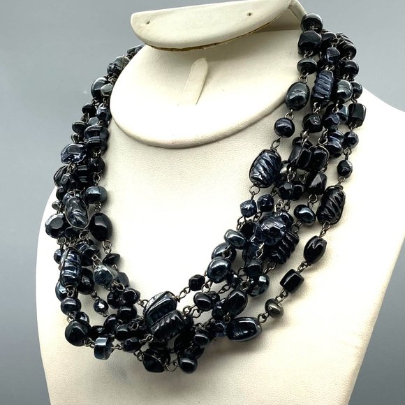 Retro Oil Slick Beads Necklace, Black Molded Glass Vitrail Multi Strand - Picture 2 of 3